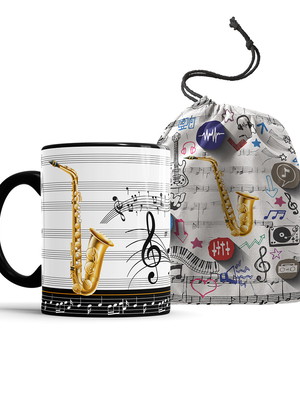 Caneca música saxofone personalizado com nome + saquinho