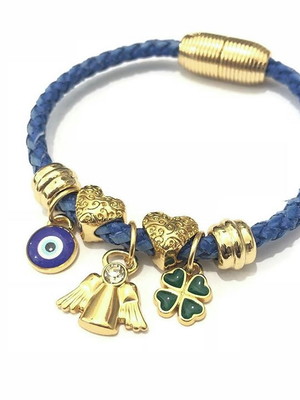 Pulseira feminina couro azul fé sorte anjo da guarda