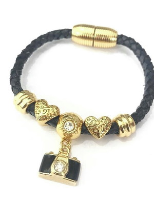 Pulseira feminina couro preto curso fotografia câmera