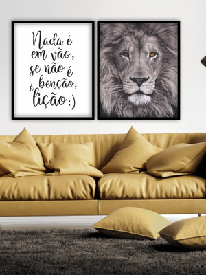 Kit 2 quadros decorativos - leão e frase ( com vidro )