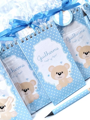 Bloquinho capa dura e mini lápis urso