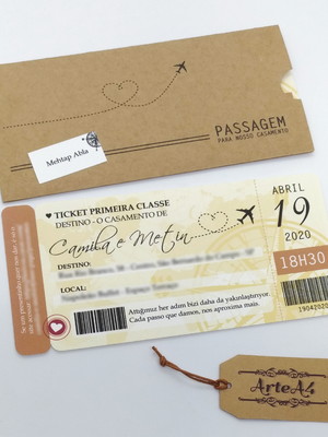 Convite de casamento ticket passagem aérea rústico