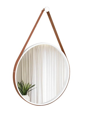 Espelho decorativo adnet branco alça corino caramelo 50cm