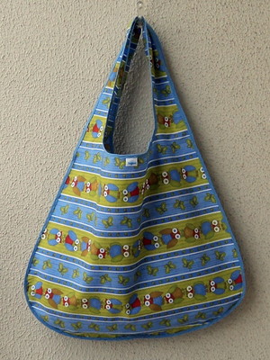 Bolsa sacola em tecido beguis azul e verde coruja borboleta