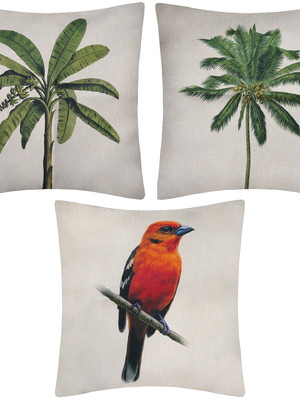 Kit capas de almofadas em linho estampada tropical pássaro