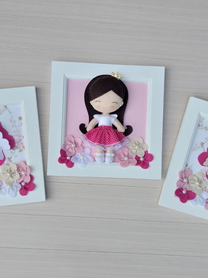 Quadros decorativos boneca e borboletas