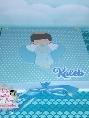 Caixa convite padrinhos de batismo 4 chocolates + mini terço