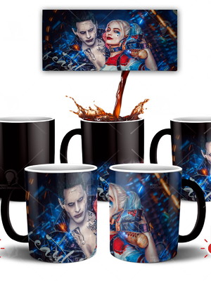 Caneca mágica coringa e arlequina + caixinha