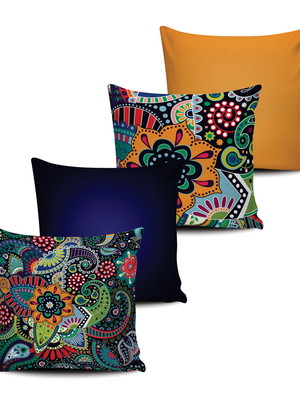 Kit 4 capas de almofada floral azul e laranja