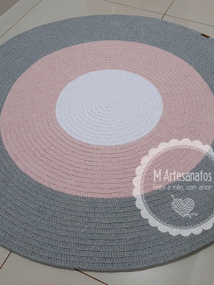 Tapete redondo de crochê 1,20m - branco, rosa bebê e cinza
