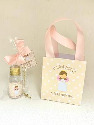 Kit sacolinha personalizada + água benta com mini terço