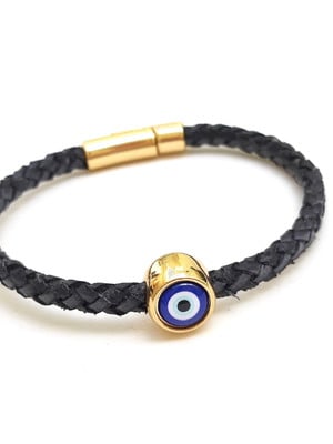 Pulseira olho grego em couro preto com fecho imã dourado