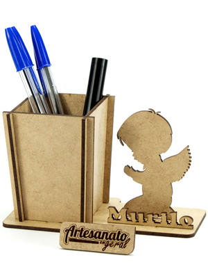 10 lembrança porta caneta anjo menino batizado com nome mdf