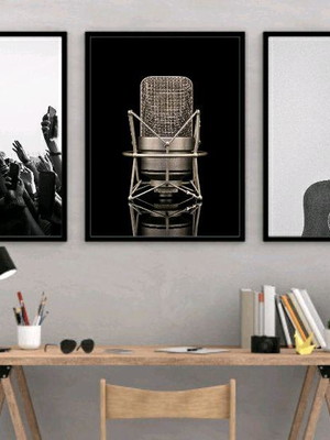 Quadros decorativos micro fone festa música 3 molduras