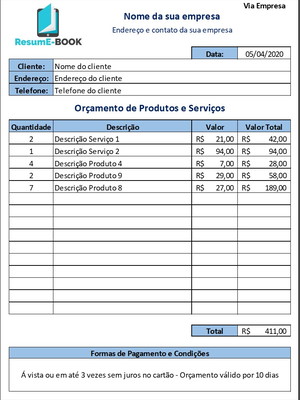 Planilha de orçamento de produtos e serviços em excel libre