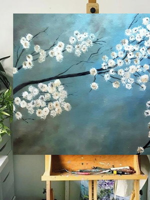 Pintura abstrata em acrílico flores de cerejeira