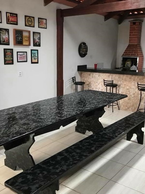 Jogo jantar artesanal em pedra área externa 14 pessoas black