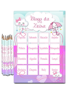 Kit com 90 ct. bingo para chá de bebê + lápis - chuva d