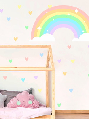 Adesivo de parede infantil arco-íris e corações