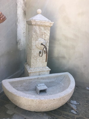 Fonte coluna artesanal com bica de ferro e bacia meia lua