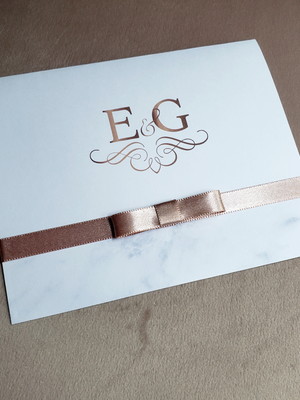 Promoção! convite de casamento com laço mármore e rose gold