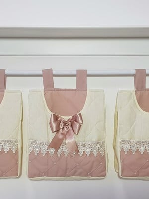 Porta fraldas porta treco de varão 3 peças rosê laço pérola