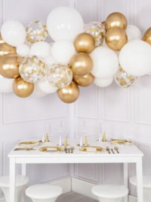 Kit arco desconstruído fita balões dourado branco réveillon