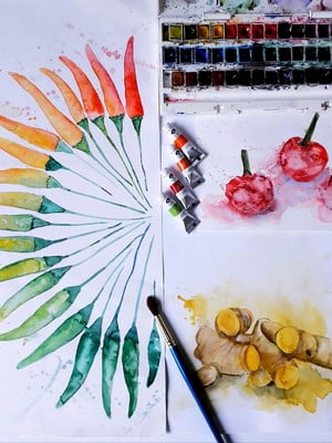 Pintura em aquarela - temperos