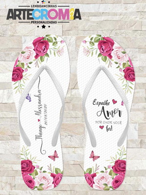 Chinelo personalizado casamento flores rosas e marsala