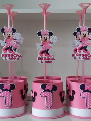 Kit com 10 centro / enfeite de mesa minnie rosa - mod 1