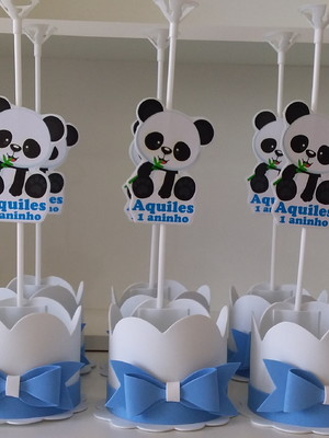 Kit com 10 centro / enfeite de mesa panda azul - mod 1