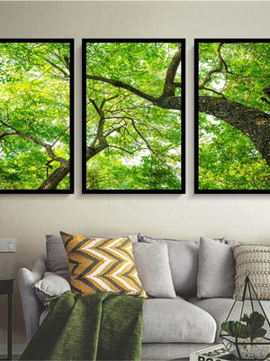 Kit 3 quadros florestas verde decoração conjunto com moldura