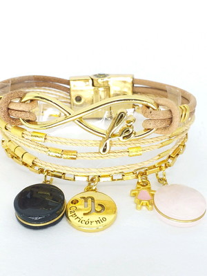 Pulseira fé + ônix + capricórnio + quartzo rosa + menina