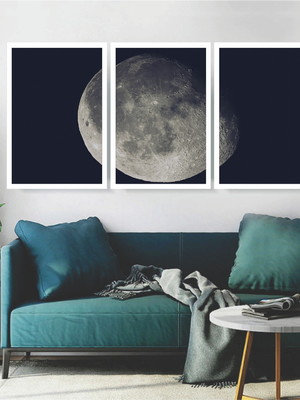 Kit 3 quadros fases da lua decoração lua cheia com moldura