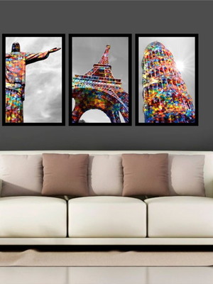 Kit 3 quadros cristo torre eiffel torre de pisa com moldura