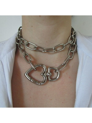 Conjunto colar choker corrente fecho mosquetão coração prata
