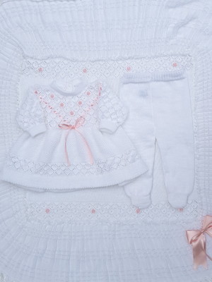 Saída maternidade rococó branco e rosa (3 pçs)