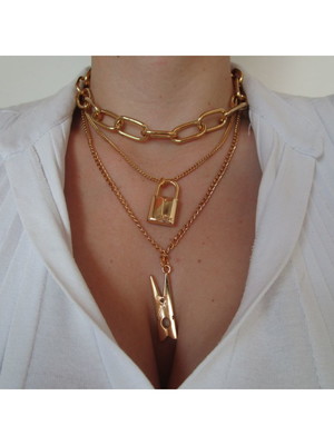 Conjunto choker corrente/ gargantilha cadeado e pregador