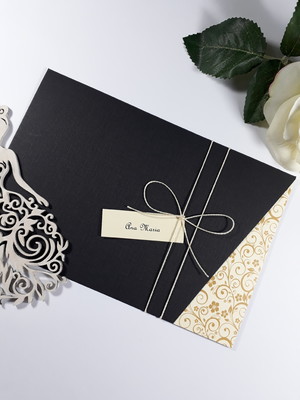 Convite de casamento e aniversário preto e dourado
