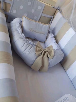 Kit berço azul bege branco benjamin 6 peças