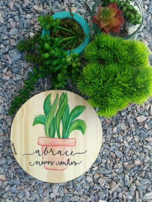 Quadro decorativo redondo com plantinha