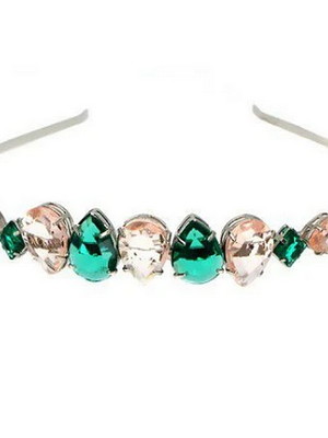 Arco tiara em metal com pedraria pedras verde e nude