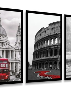 Kit 3 quadros londres coliseu torre eiffel decoração moldura