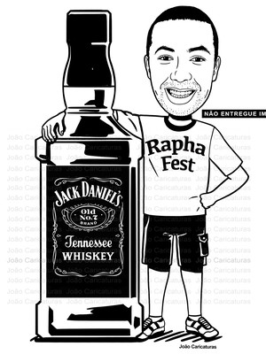 Caricatura aniversariante abraçado garrafão bebida whiskey