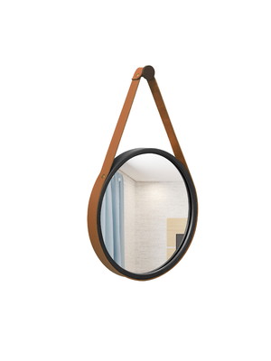 Espelho decorativo adnet preto alça corino caramelo 20 cm