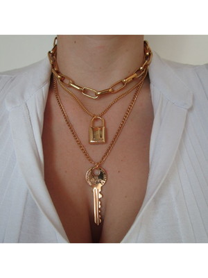 Conjunto de colares choker corrente cadeado chave ouro