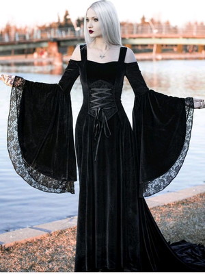Vestido medieval bruxa veludo luxuoso renda preta mangas