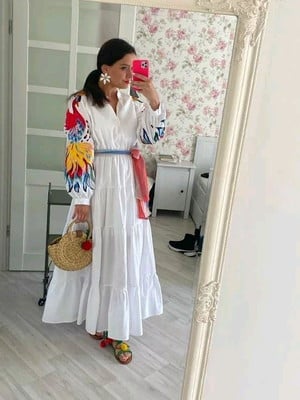 Vestido longo manga longa bordado artesanal