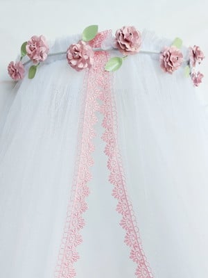 Dossel de flor menina com mosquiteiro renda guipir rosa
