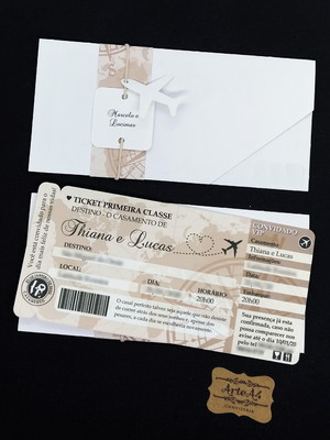 Convite ticket passagem aérea vintage com aplique e cordão